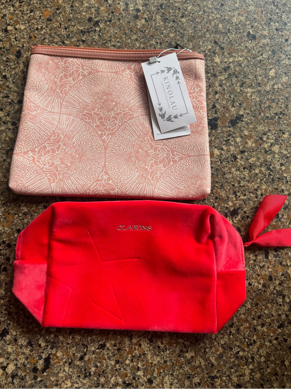 Kinolau Pink Floral Zip Pouch & Clarins Red Cosmetic Bag - Travel Set